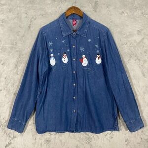 White Pine Denim Shirt Sz XL Blue Snowman Christmas Embroidered Long Sleeve